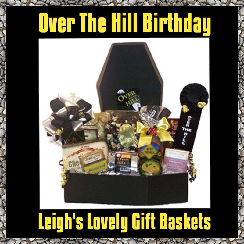 Help them celebrate that milestone birthday in a humorous and healthy way! Black coffin gift basket contains  an Over The Hill Coffee Pack, Old Timers Snack Mix, Cheese Buds and these Sugar Free treats:
Brownie Bites, Cookies,   Vanilla Caramels and Toffee Candy