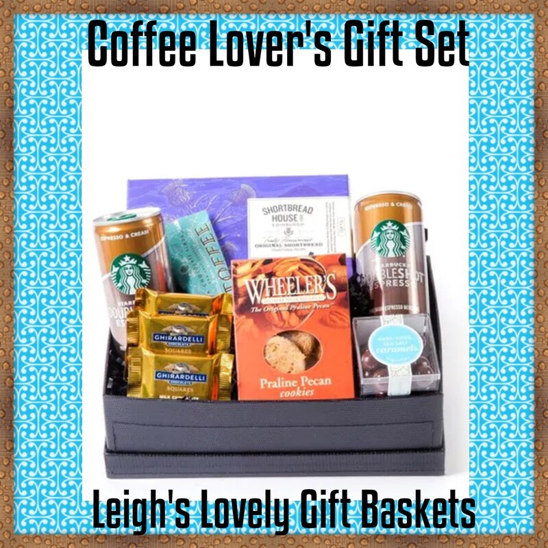 Coffee Lover's Gift Set
For those who like to start their mornings with a big caffeine boost, this gift set is for you!  Sleek black gift box with personalized message card  Includes:
• 2 Starbucks Doubleshot Espresso Cans
• 1 Dark Chocolate Almond Sea Salt Toffee Square
• 3 Ghirardelli Milk Chocolate Caramel Sqrs
• Sugarfina Dark Chocolate Sea Salt Caramels
• 1 Box Wheelers Praline Pecan Cookies 1oz
• Handmade Shortbread Cookies
​Select Gift Baskets from the Shop Menu
Select All Gift Basket Gift Ideas 
Select Starbucks, Godiva, Coffee &Tea Gifts