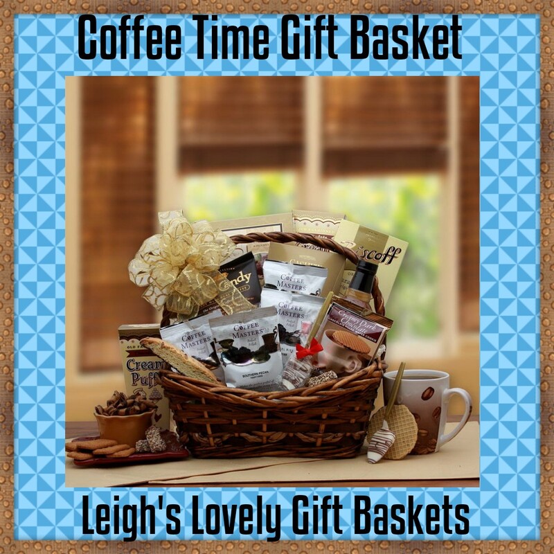 Coffee Time Gift Basket
Dark stained woven basket with handmade sheer gold bow Includes: Coffee Masters French Vanilla, Caramel, Butter Rum and Chocolate Mocha coffee, chocolate cream filled cream puff cookies, chocolate filled waffle cookie, Cashew Roca almond toffee, French Vanilla coffee syrup, chocolate covered stir spoon, Biscoff butter wafer cookies, Raspberry chocolate coffee cake,  and Coffee Candies. ​Select Gift Baskets from the Shop Menu
Select All Gift Basket Gift Ideas 
Select Starbucks, Godiva, Coffee &Tea Gifts