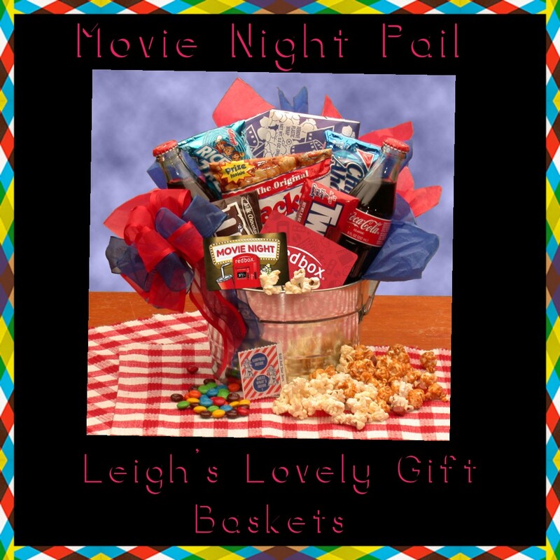Movie Night Pail brings  you favorite movie theatre snacks and sweets to your home complete with a money gift toward  a movie rental!  Pail 
 is filled with movie theatre candy favorites, 
Cracker Jacks,
Cookies,
Rice Krispies Treat,
Microwave popcorn, classic Cokes and a
10.00 Redbox Gift Card