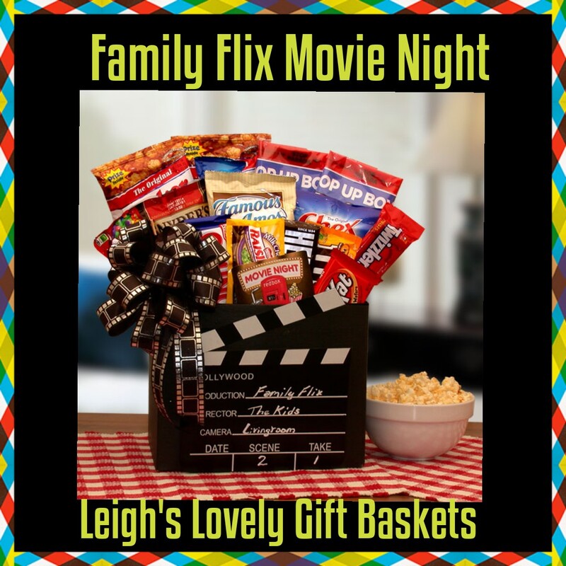 Family Flix Movie Night Gift Box is a  Black gift box resembling a directors cut message board with a reel bow. Includes Microwave pop-up popcorn bowls, Skittles candies, 2 Cracker Jacks bags, Chex Mix snack, Twizzlers licorice, Kit-Kat bar, Chocolate bar, Raisinettes, Peanut MandM's, Plain MandM's, Famous Amos chocolate chip cookies, Snyder's pretzels, Oreo cookies, and a Red Box gift card good for 6 movie rentals. Gift Box can be easily personalized with a special gift message. 