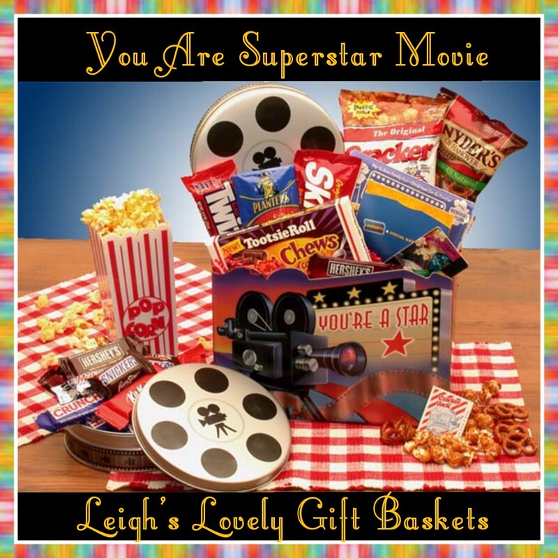 You Are A Superstar Movie  Gift Box is a great themed gift to share for movie lovers for any occasion!  Movie themed gift box includes  Tootsie Rolls Candies, Cracker Jacks,
Twizzlers, Planters Peanuts, Skittles
Act II Buttery Movie Popcorn,
Snyder's Pretzels, and a  
Movie Roll Gift Tin filled with twelve assorted fun size candy bars