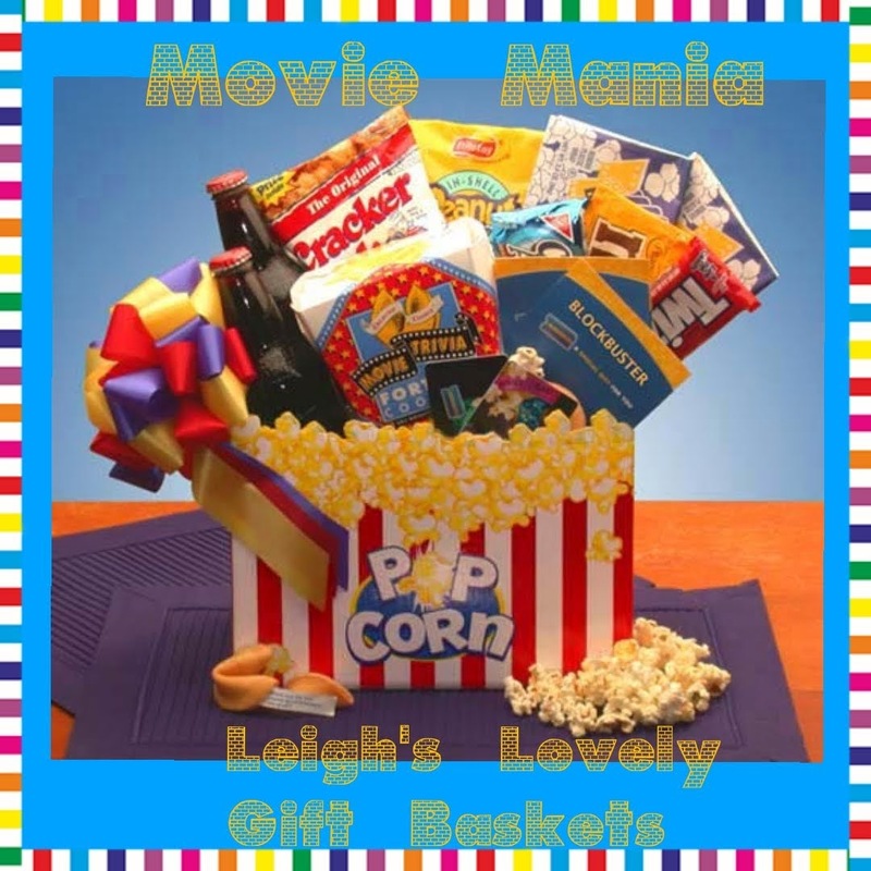 Movie Mania Gift Box is a theatre  popcorn themed gift box filled with 
two Movie Theatre Microwave Popcorn,
Movie Trivia Fortune Cookies,
Cracker Jacks,
Frito Lay In the Shell Peanuts,
Chips Ahoy Cookies,
Twizzlers Red Licorice,
Peanut M and M's, and two Classic Root Beers