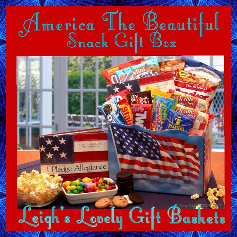 Proudly give this elegant American flag gift box filled with America's favorite snacks! Includes beautifully illustrated book, 
2 oz Planters peanuts, Oreo Cookies,
Starburst Skittles,
Plain M and M's,
Peanut M and M's,
Sweet Tarts,
Microwave Movie, Butter Popcorn,
Cracker Jacks,
Chex Mix, Cheez-its,
Twizzlers Licorice, and 
Mini Chips Ahoy Cookies