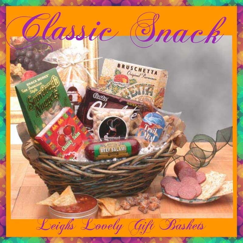 Green wicker basket holds a classic medley of savory gourmet snacks. Includes Cheddar Cheese Flavor Pretzel Dipping Sticks,
Parmesan Bruschetta Crisps Bag,
Chunky Salsa,
Monterey Nacho Chips,  Tavolare Snack Mix, 
Gourmet Treats Pistachios, Beef Salami, Chocolate Cream filled wafer cookies.
