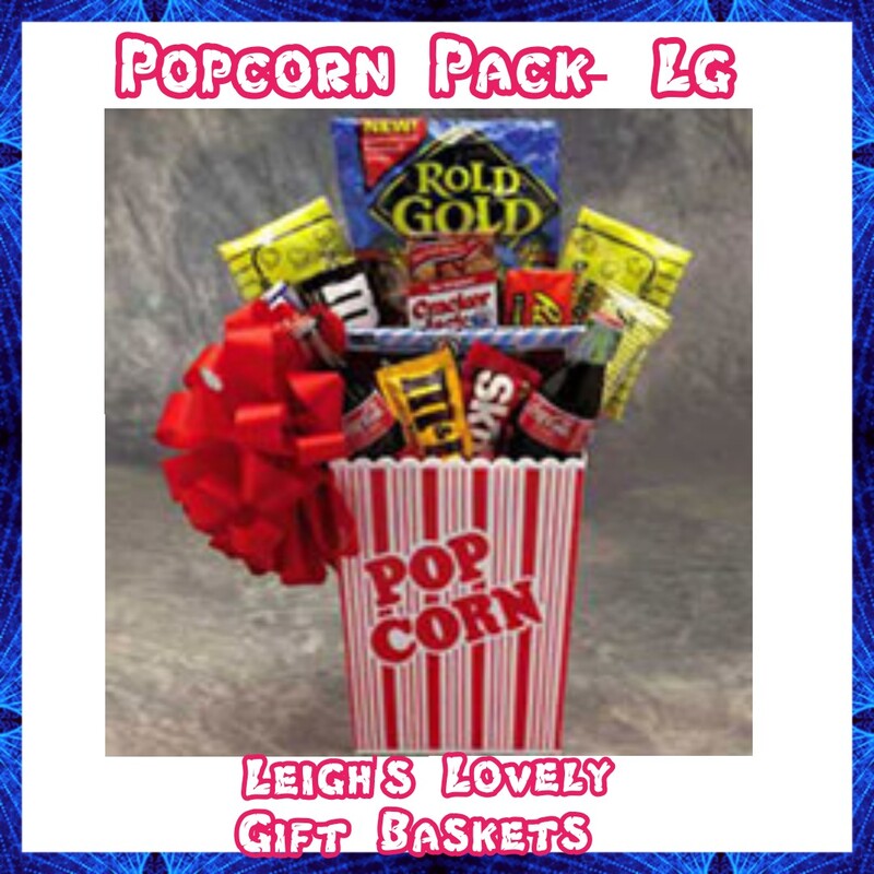  Nostalgic theatre popcorn box is filled with  theatre favorite snacks. Enjoy  Nostalgic Cokes, Oreos,
Wrigley's gum, Popcorn
Nestle Crunch, gum,
Pretzels, and theatre candy favorites,
Cracker Jacks and
Famous Amos Cookies. Bright red bow completes the gift package that's perfect for any occasion! 