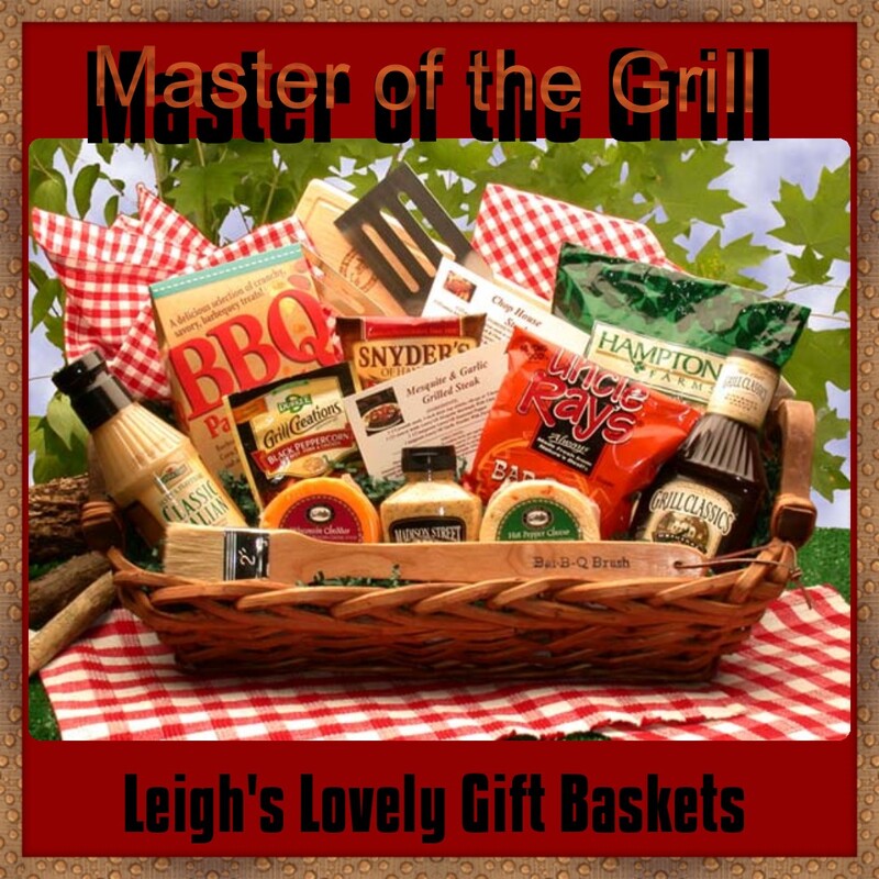  Give grill masters a fun snack basket with everything for a great BBQ!  Wicker gift tray includes Wooden Slicing/Cutting Board, 
2 BBQ Utensils,
2 Gourmet BBQ Recipe Cards for Beef, Grill Creations Marinade Mix, Classic Italian Marinade, Grill Classics Barbeque Sauce, Marinade Mustard, Watson Street Dijon Marinade Mustard,
Uncle Rays Barbeque Chips,
BBQ Party Snack Mix,
Hot pepper Cheese Round,
Wisconsin Smokey Cheddar Cheese Round,
Snyder's Pretzels, and 
Hampton Farms Salty Peanuts in the Shell


