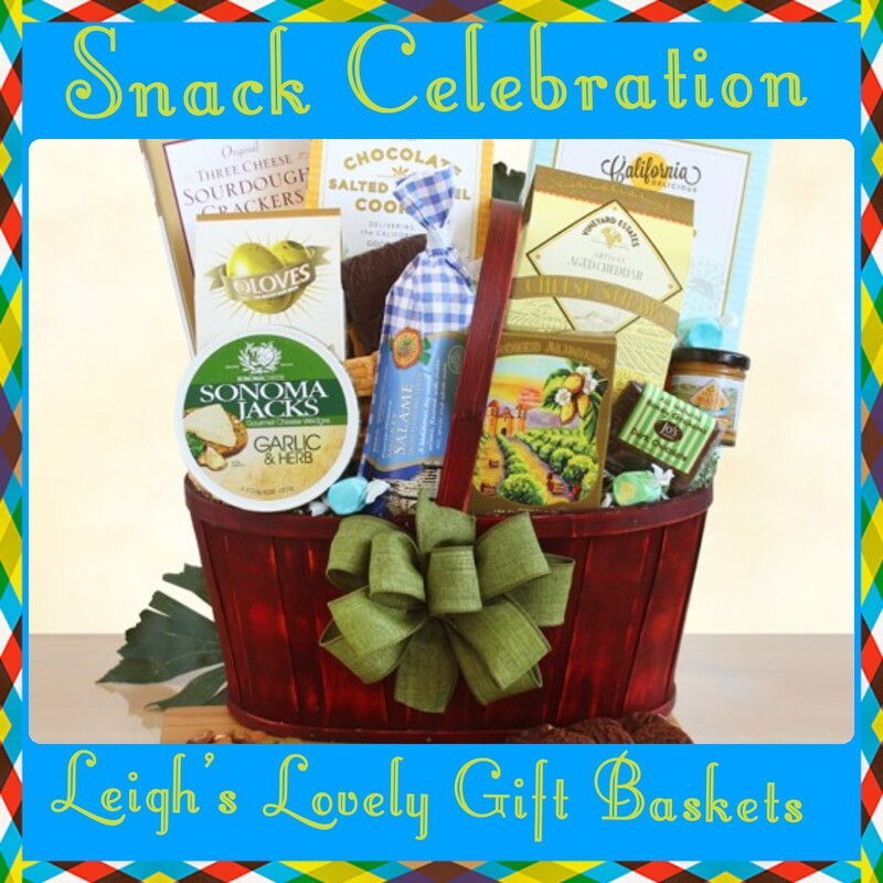 Wooden, red slat basket with central handle holds a collection of snacks for serious snackers! Garlic Herb Cheese Spread, Olives,  Cheese Crackers,
Salted Caramel Cookies,
Salt Water Taffy, 
 Mustard,
 Almonds, Chocolate-Covered Grahams, 
Summer Sausage, and 
 Sonoma Cheese Straws, 