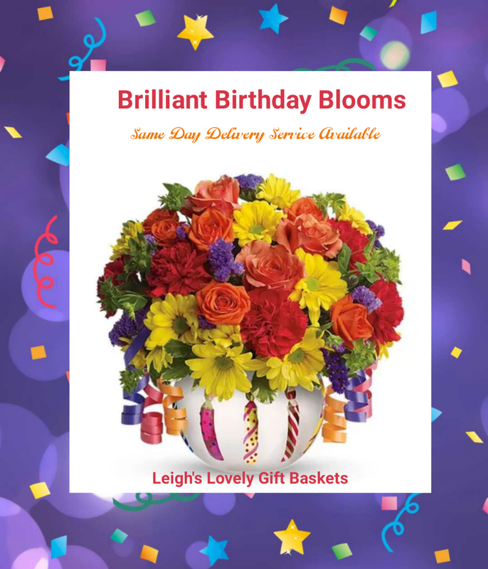 Brilliant Birthday Blooms
Send Happy Birthday wishes with this Birthday Cake inspired bouquet!  Frosted glass bowl vase is decorated with painted candles, party decorations and features Orange Spray Roses, Red Mini Carnations,
Yellow Daisy Sprays Mums. Hand arranged and delivered by a local network florist for Same Day Delivery Service Monday through Friday. 