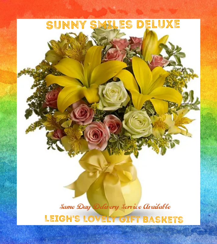 ISunny Smiles Deluxe will certainly bring a smile to with it's sunny and warm selection of flowers! Features 
 Green Roses, Peach Roses, Yellow Asiatic Lilies, Yellow Alstroemeria,  Solidago, and  Pitta Negra arranged in a Yellow Vase trimmed with a  Yellow Ribbon. Includes
a  Personalized Card Message. Hand arranged and delivered by a local, network florist for Same Day Delivery Service Monday through Friday. 