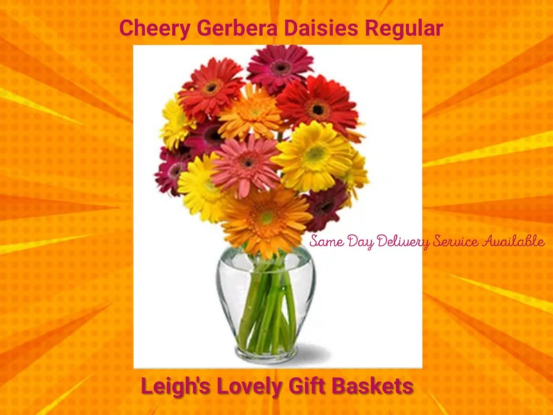 Cheery Gerbera Daisies Regular offers a sunny and warm bouquet of  brightly colored gerbera daisies is arranged in a clear glass vase that is perfect for any occasion!  Flower Same Day Delivery From Florist Network