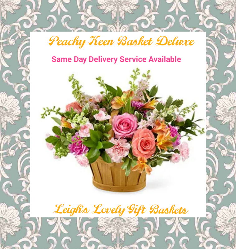Peachy Keen Basket Deluxe offers a delightful blend of Pink and Coral Roses, Pink Carnations,  Pink Mini Carnations, Orange Alstroemeria, and Pink Larkspur arranged in a wooden basket by a local network florist for Same Day Delivery Service Monday through Friday.