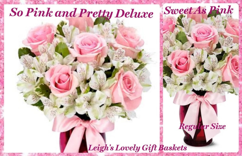 Sweet As Pink has been a La Bella Baskets favorite and now it's available in a  Deluxe bouquet as So Pink And Pretty Deluxe. This graceful bouquet includes pink roses and white alstroemeria arranged in a pink fluted glass vase accented with a pretty pink bow.
Flowers are Hand Delivered through one of our Network Florists. Delivery Service During Normal Business Hours