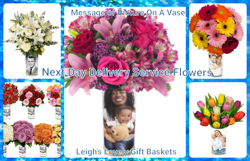 Photo Collage Link of Message or Photo on a Vase Bouquets can be found on Leigh's Next Day & Saturday  Flower Delivery Service Page. Click here to connect and shop. 
