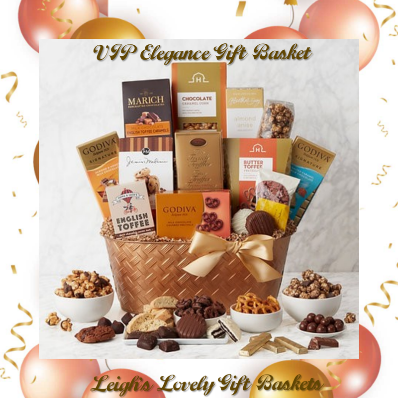 VIP Elegance Gift Basket
Elegant golden basket weave embossed container trimmed with a gold bow. Filled with a variety of gourmet sweets, this gift basket is perfect for an office party, group gift or family gift. Includes 
 Butter Toffee Pretzels, Godiva Almond and Honey Milk Chocolate Bar,  Godiva Milk Chocolate Salted Caramel,Godiva Milk Chocolate Covered Mini Pretzels, Soft Baked Brownie Cookie, White Chocolate Dipped Oreo Cookies,  Milk Chocolate Covered Sandwich Cookies,  Chocolate Chip Cookies, Biscotti Di Suzy Almond Anise Mini Biscotti,  French Truffles,  Cookies and Cream Popcorn, English Toffee Dark Chocolate Pecan Rum,  Marich English Toffee Caramels, and 
Chocolate Caramel Popcorn. 
Click here to visit Leigh's online gift boutique! Select Gift Baskets from Shop Menu
Select All Gift Basket Gift Ideas
Select Gourmet Baskets/ Box Towers
Select Chocolates, Nuts & Sweets 