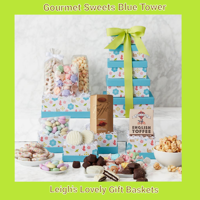 Gourmet Sweets Blue Tower
Send this cheerful gift tower of printed boxes with blue lids and tied up with a pistachio green ribbon bow. Gift Tower boxes are  filled with  candy and treats! This gift tower is filled with gourmet candy and treats.  Includes White Chocolate Dipped Oreo Cookies, French Truffles, Confetti Cake Popcorn, Confetti Pretzels, Jordan Almonds,  Taffy, and  English Toffee Dark Chocolate Pecan.
Click here to visit Leigh's online gift boutique! Select Gift Baskets from the Shop Menu
Select All Gift Basket Gift Ideas
Select Gourmet Baskets & Box Towers
Select Gift Towers