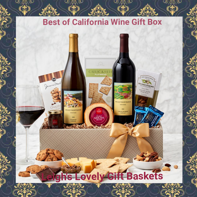 Special occasions call for gourmet snacks and wine in this elegant golden gift box!  Filled with a bottle of California Red Wine and White Wine,Gourmet Cheese, Crackers, Chocolate Chip Cookies, Ghirardelli Chocolate Squares, Mixed Nuts, and Olives. 
Click here to connect to Leigh's online gift boutique! Select Gift Baskets from the Shop Menu
Select All Gift Basket Gift Ideas
​Select Wine & Beer Baskets 