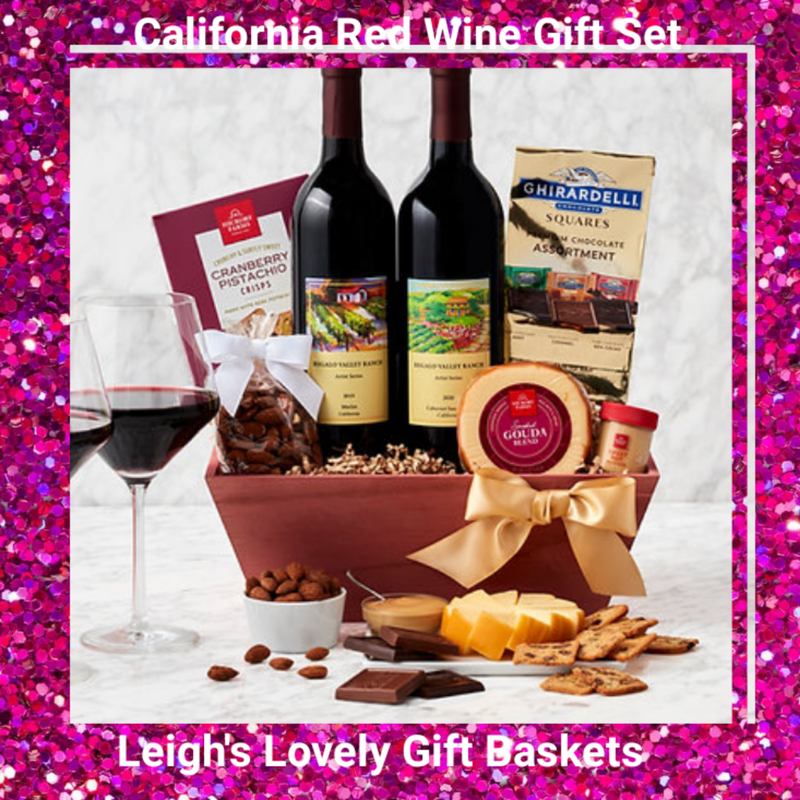 California Red Wine Gift Set arrives in a classy gift basket trimmed with a satiny gold bow. Get the celebration started  with two bottles of  red wine, a Cabernet and a Merlot, Ghirardelli Chocolate Caramel , Gouda, Cranberry Pistachio Crisps,  Sweet Hot Mustard, and  Roasted Salted Almonds. Perfect for any occasion ! 
Click here to connect to Leigh's online gift boutique! Select Gift Baskets from the Shop Menu
Select All Gift Basket Gift Ideas
​Select Wine & Beer Baskets 