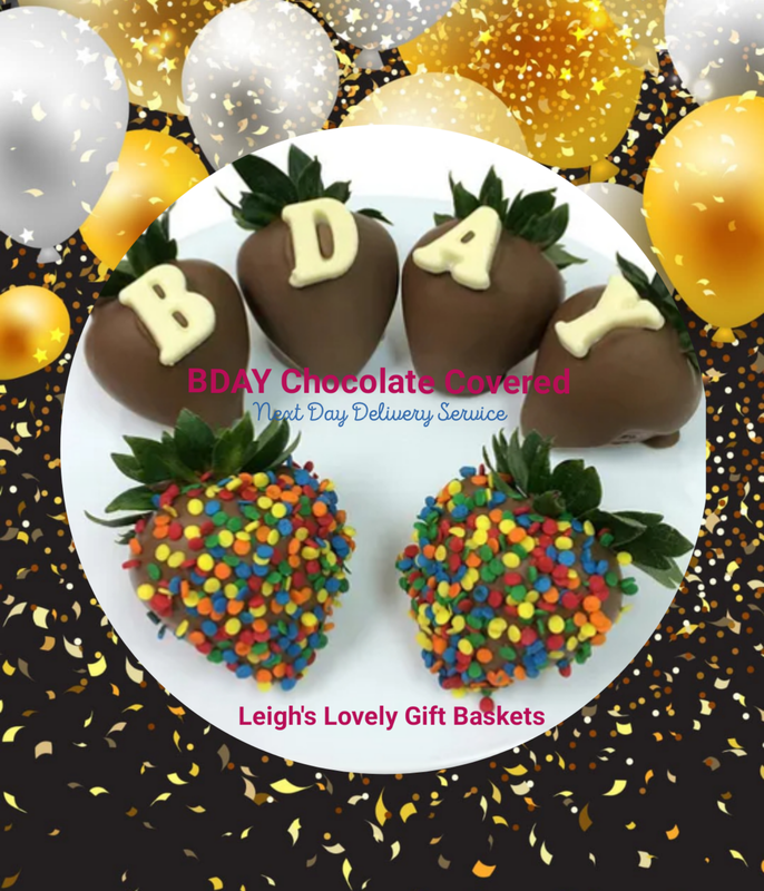 BDAY Chocolate Covered
Chocolate and Strawberries are a delectable pair and a wonderful birthday surprise! Includes:6 Fresh Strawberries, four with an edible B-Day Message and 
 2 strawberries decorated with  Colorful Sprinkles. 
Ships Overnight From NJ for $18.95 in a reusable cooler. 
Click here to connect to Leigh's online gift boutique. Select Chocolate Covered Treats from the Shop Menu.