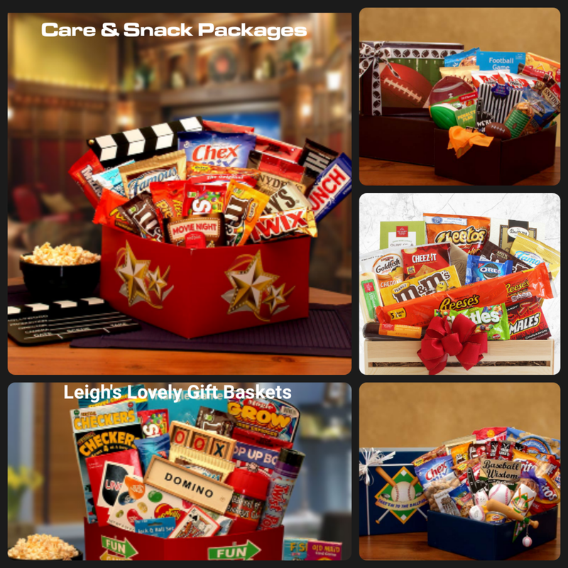 Themed Care and Snack Packages to send across the miles to show you care. Click here to connect to Leigh's Shopping website. Select GIft Baskets from the SHOP Menu. Select New Gift Arrrivals By Occasion. Select Care and Snack Packages category