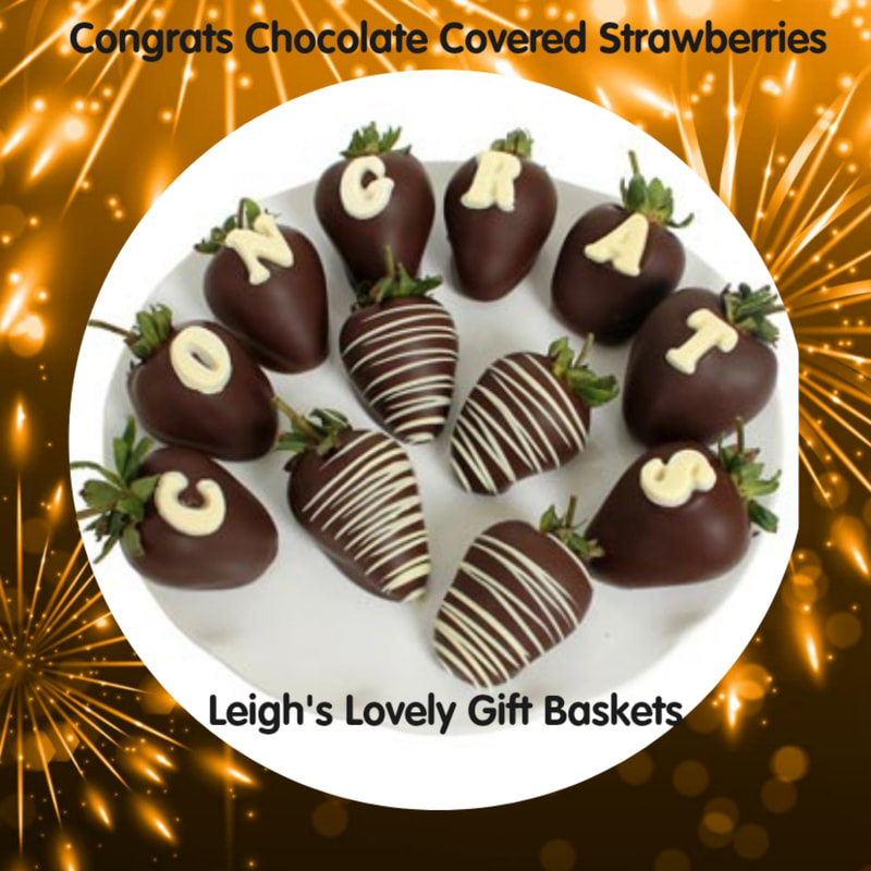 CONGRATS Chocolate Covered Strawberries
Say CONGRATS  with delectable strawberries dipped in Belgian Chocolate! Perfect for New Baby, Job Promotion, Graduation, or Housewarming. 
Includes 12 Fresh Strawberries, 8 with an edible 'Congrats 'Message and 4 with a white drizzle decoration. 
Ships Overnight from NJ in a  Reusable Cooler

Available for Next Day Delivery $18.95 through our network! IMPORTANT: All Orders must be placed before Noon Eastern for next day delivery!
Click here to connect to Leigh's online gift boutique. Select Chocolate Covered Treats from the Shop Menu.
