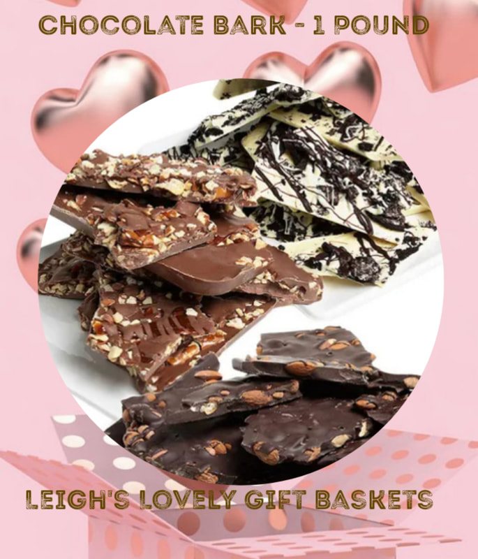Chocolate Bark - 1 pound
 Presenting 3 delectable varieties of chocolate bark in this gift set! 
Includes:
• Oreo® Cookie White Belgian Chocolate Bark
• Milk Chocolate Caramel and Pretzel Bark
• Belgian Dark Chocolate Almond Bark
Ships From NJ, Overnight $18.95
Click here to connect to Leigh's online gift boutique. Select Chocolate Covered Treats from the Shop Menu.