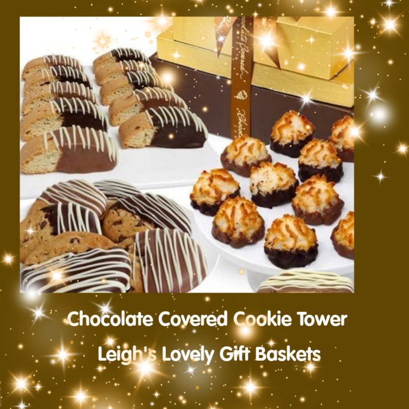 Delectable gift tower includes 12 chocolate covered cookies, 12 medium-sized biscotti and 12 coconut macaroons. Each are hand-dipped in a Belgian chocolate and packed in elegant boxes to form the perfect gift tower. Next Day Delivery Service is available. Click here to connect to Leigh's online gift boutique! 
 Select Chocolate Covered Treats from the Shop Menu.