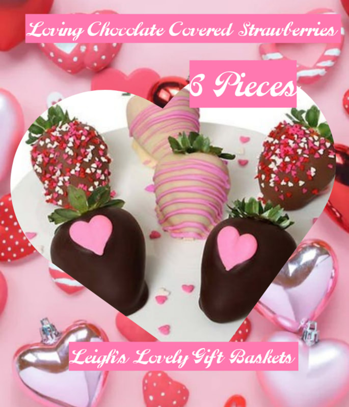 Loving Chocolate Covered Strawberries - 6 Pieces

Each strawberry is dipped in Belgian Chocolate and decorated with love-themed decor. Show a special lady in your life how much you care with the tastiest gift anywhere. Hand-decorated so no two are exactly alike.

Includes:
• Six Fresh Strawberries
• Dipped in Dark, White and Milk Chocolate
• Edible Heart Decorations
• Pink and White Sprinkles

ALLERGEN ALERT: Product contains egg, milk, soy, wheat, peanuts, tree nuts and coconut. We recommend that those with food related allergies take the necessary precautions.Available for Next Day Delivery $18.95 through our network! Click here to connect to Leigh's online gift boutique. 
Select Chocolate Covered Treats from the Shop Menu