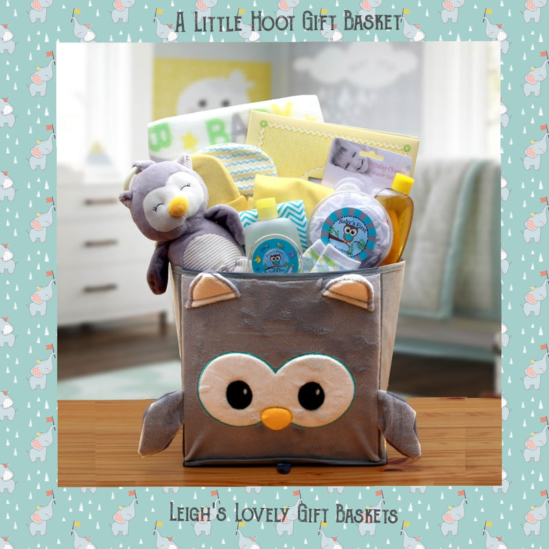 Adorable owl themed storage bin with owl plush, baby tooth and hair keepsake box, baby footprint kit, baby photo album, baby brush and comb set, Johnson and Johnson baby wash and shampoo, baby receiving blanket, two each 100% cotton baby beanies, bodysuits, and bootie sets.