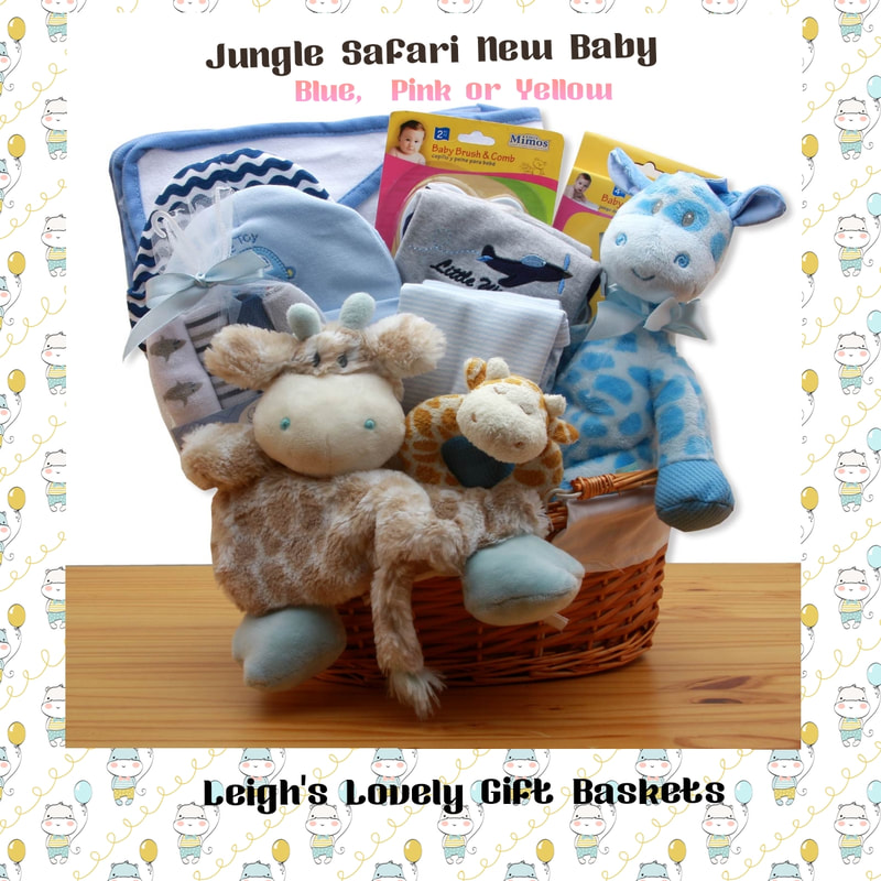 Jungle themed fabric lined hamper includes giraffe security blanket, giraffe rattle, plush giraffe, baby washcloths and hooded bath towel, two  each 100% cotton baby beanies and bodysuits, baby brush and comb set and baby manicure set.