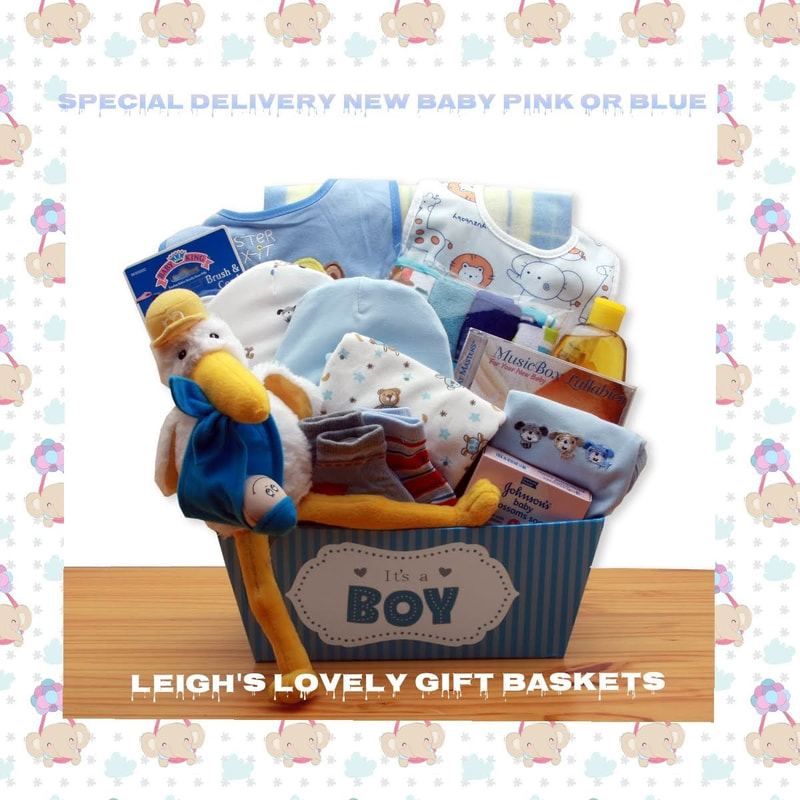 Stork themed basket includes a Plush stork, Baby lullaby CD, baby brush and comb set, Johnson and Johnson baby shampoo, baby soap, receiving blanket, set of 4 baby washcloths, two 100% cotton baby beanie's,   bodysuits, baby bootie sets and two bibs.