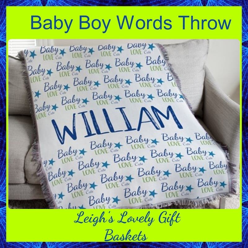 Welcome baby with this handsome  easy to care for tapestry throw  made of 85/15 poly/cotton blend with fringed trim, Can be personalized with baby's first name. 
