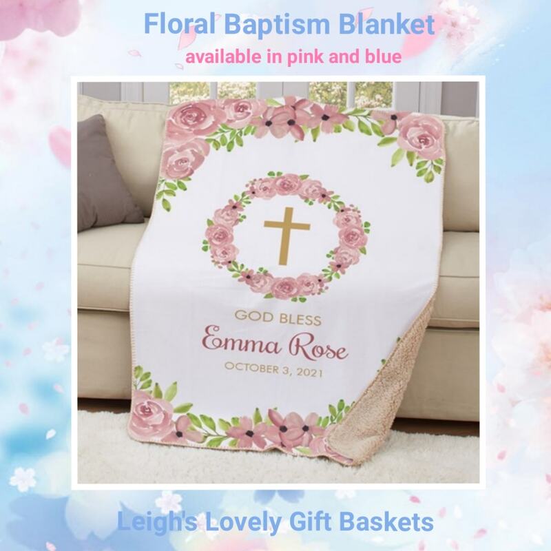Celebrate new life with this keepsake blanket with mink soft front and tan sherpa lining that is machine wash and dry. Measures 37 " x 57" and can be personalized with child's first name and special message 