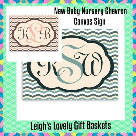 Sophisticated canvas print for baby's nursery is a timeless design with  baby's initials in an elegant script monogram over a classic chevron design. Available in Brown / Pink and Bermuda Blue. Canvas measures 18 x 24 inches