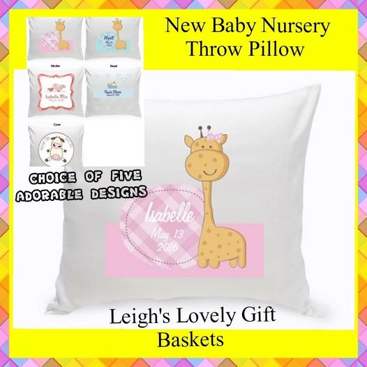 Adorable throw pillow design for baby's nursery is available in boy or girl giraffe, boat, birdies or cow. Zip off cover is machine washable in cold water to prevent shrinkage. Finished size is 16 x 16 inches.