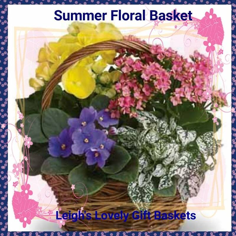 Summer Floral Basket with African Violet Flowers, Yellow Begonia, Hot Pink Kalanchoe and White Hypoestes arranged in Woven Handled Basket . Same Day Delivery Service available.