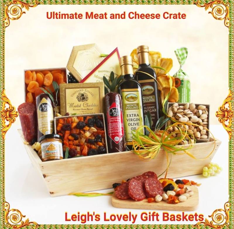 Natural wooden crate holds a savory snacking feast!  Enjoy Brie, Jack and Merlot Cheddar Cheese Spreads, Summer Sausage, Dried apricots and pears,Very Berry Mix, Pistachios, Mustard, Extra Virgin Olive Oil and Balsamic Vinegar