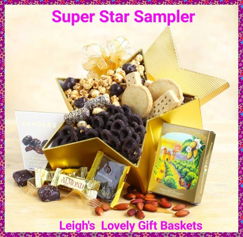 Gold foil star shaped gift box with handmade bow holds a treasure trove of chocolate lovers treats! Enjoy Chocolate Caramel Popcorn,
Smoked Almonds,
Milk Chocolate Pretzels,
Chocolate Covered Graham Crackers,
Shortbread Fingers,
Shortbread Highlanders,
Almond Roca, and
Sea Salt Caramels