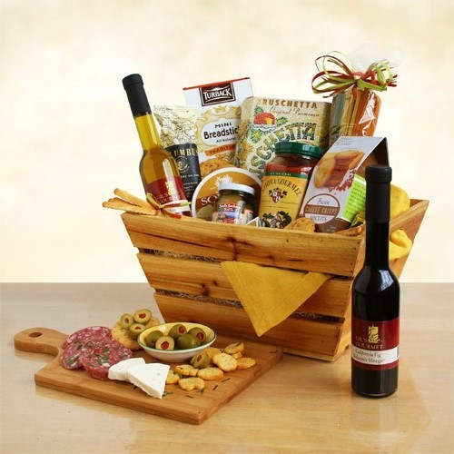 Italian Style Celebration $139.99 
Wooden crate holds ingredients for an Italian meal and a wooden cutting board! 