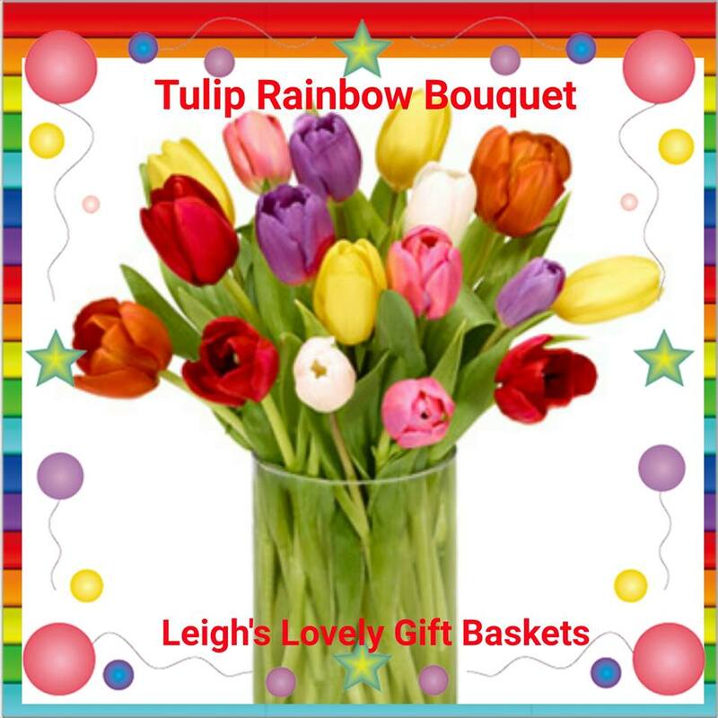 Tulip Rainbow Bouquet with a rainbow of colored tulips arranged in a glass vase. Same Day Delivery Service available. 