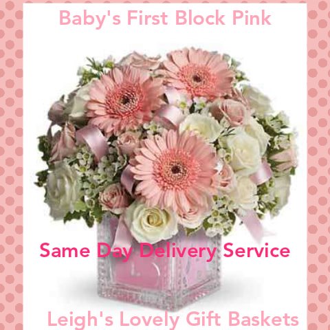 Baby's First Block Pink is an adorable Pastel Pink Baby Block Vase filled with Pink Daisies,
White Spray Roses and White Delphinium
  tied with decorative Pink Ribbon.  Same Day Delivery Service available