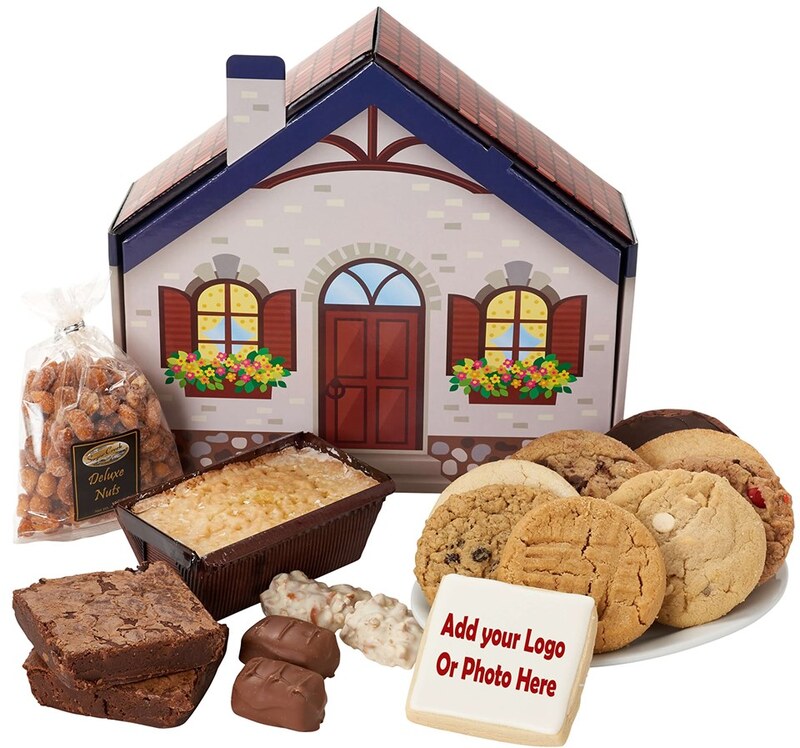 This house box is filled with an assortment of homemade cookies with one custom Logo or Photo Event Cookie for a personalized touch! The perfect presentation for a realtors gift, new homeowners or house warming gift! 