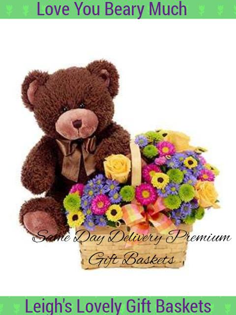 Plush teddy bear with small flower basket filled with Purple Monte Casino,Green Poms 
 and  Hot Pink Matsumoto.  Same Day Hand Delivery Service by a network provider