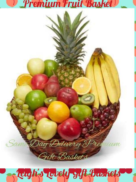 Dark stained woven basket is overflowing with a variety of Fresh Fruit.  Same Day Hand Delivery Service by a network provider