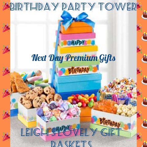 Birthday Party Tower is a gourmet birthday celebration! Pastel boxes hold  Peanut Brittle,
Marshmallow Twists, Chocolate Chip Cookies,Saltwater Taffy,Petite Fruit Mix, Grapefruit Gummy Bears, Birthday Cake Caramels
Ghirardelli Squares,
 Birthday Caramel Corn. Tied up with
Blue Satin Ribbon, this gift tower is available with Next Day Delivery

