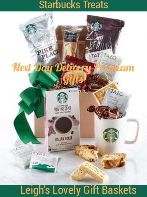 Starbucks Treats Kraft gift box is filled with delicious Starbucks® Via Italian Roast Instant Coffee, Assorted Tazo Teas, Nonni's Biscotti,  Starbucks® Dark Chocolate Bar and a Ceramic Starbucks® Logo Mug . Topped with a dark green bow, this gift offers Next Day Delivery Service