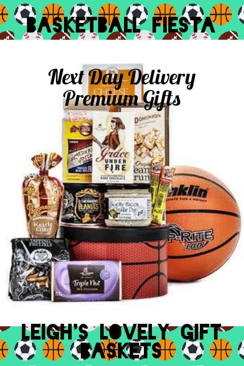 Basketball Fiesta  gift box that resembles a basketball, Cheese Straws,  Beer Crackers,
 Peanuts, Peanut Crunch,Two Lake Champlain Chocolate Bars
 Slim Jim's, Dipping Pretzels, Elki's Smoked Cheddar Dip, Cajun Flavored Peanuts, Popcornopolis Popcorn. Next Day Delivery Service available 

