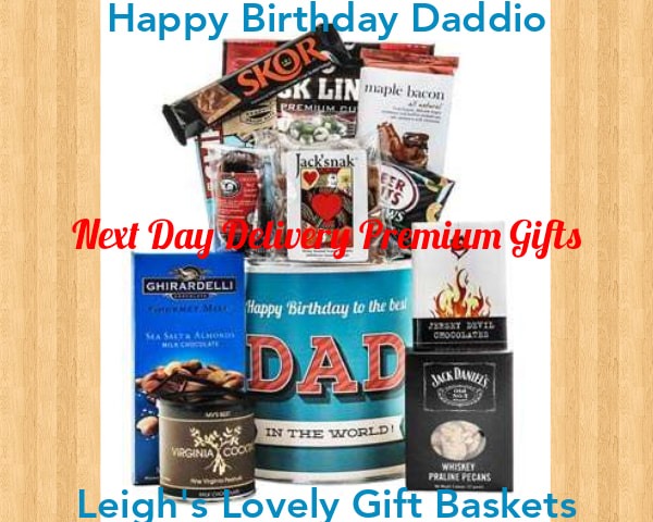 Happy Birthday Daddio gift tin with Dad theme holds a unique variety of treats just for Him. Beef Jerky,  Maple Bacon, Chocolate Bar , Beer Nuts, Sesame Crackers, 
Peanuts,  Sea Salt and Almond Bar, Milk Chocolate, Covered Peanuts, 
Dark Chocolate bar with Chili and Cranberries, Skor Candy Bar ,Cliff Bar 
Jack Daniel Flavored Praline Pecans, and Summer Sausage. Next Day Delivery Service available