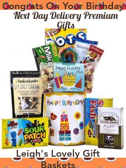 Happy Birthday themed gift tin with a variety of sweet or sour candies, Happy Birthday Pasta, Chuao, Chocolatier's Firecracker Bar with Sea Salt,Smokey Chipotle,Funky Chunky Sea Salt Popcorn,Nunes Farms Pistachio's and a Swirly Lollipop. Next Day Delivery Service available