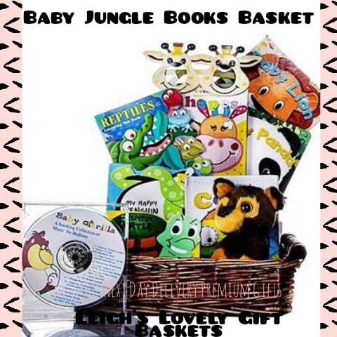 Baby Jungle Books Basket is a dark woven tray basket filled with 7 Animal Themed Books, Plush Dog and a  Baby Gorilla CD. Next Day Delivery Service is available
